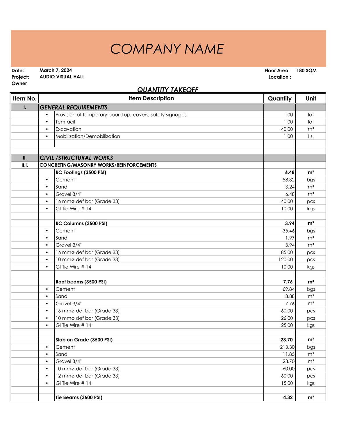Quantity take-off spreadsheet for the audio-visual hall
